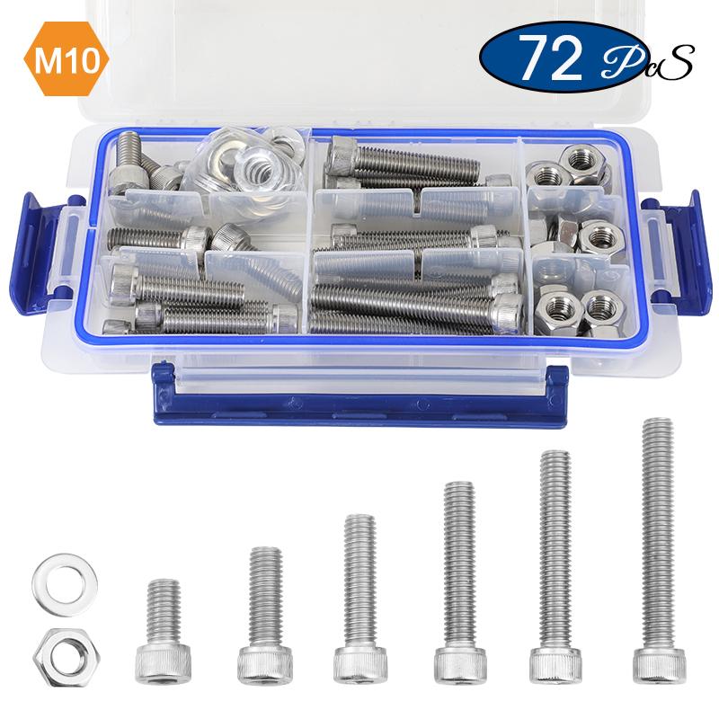 NINDEJIN M6 M8 M10 Bolts and Nuts Set Stainless Steel Big Size Allen Head Screw Kit Hex Socket Bolt Nut Set With Washers