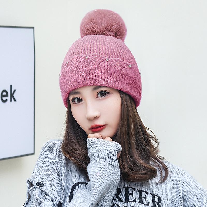 

Однотонная эластичная шерстяная шапка женская яркая ромбовидная шапка-пуловер с защитой ушей вязаная шапка темно-розовый