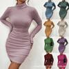 Fall/Winter High Neck Slim Fit Ruched Sheath Mini Dress Knit Bodycon Sexy Skirt