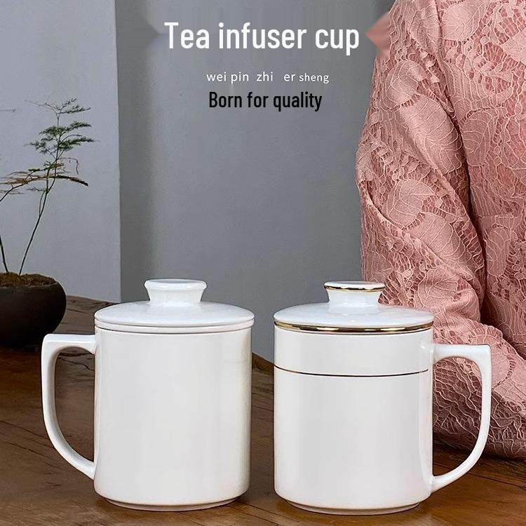 Gold Rim Ceramic Tea Strainer Cup with Lid and Mesh Filter