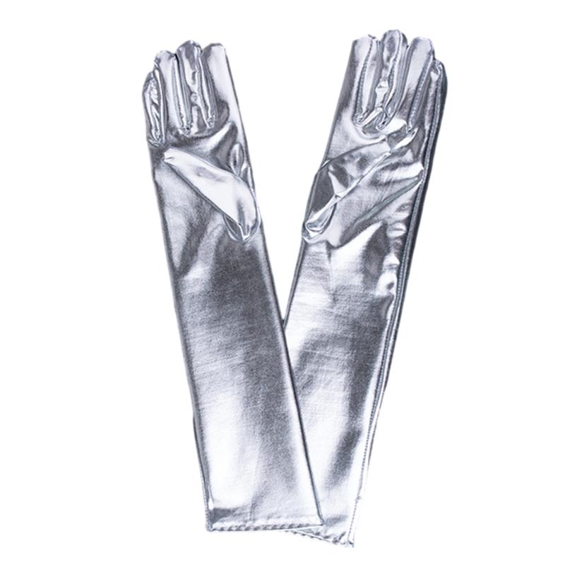Women Faux Leather Sparkly Metallic Long Gloves for Evening Costume Party Dance