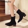 Vintage Pointed Toe Thick Heel Women's Ankle Boots Fashion Party Dress Shoes Autumn Winter Tie Slim Women's Short Booties