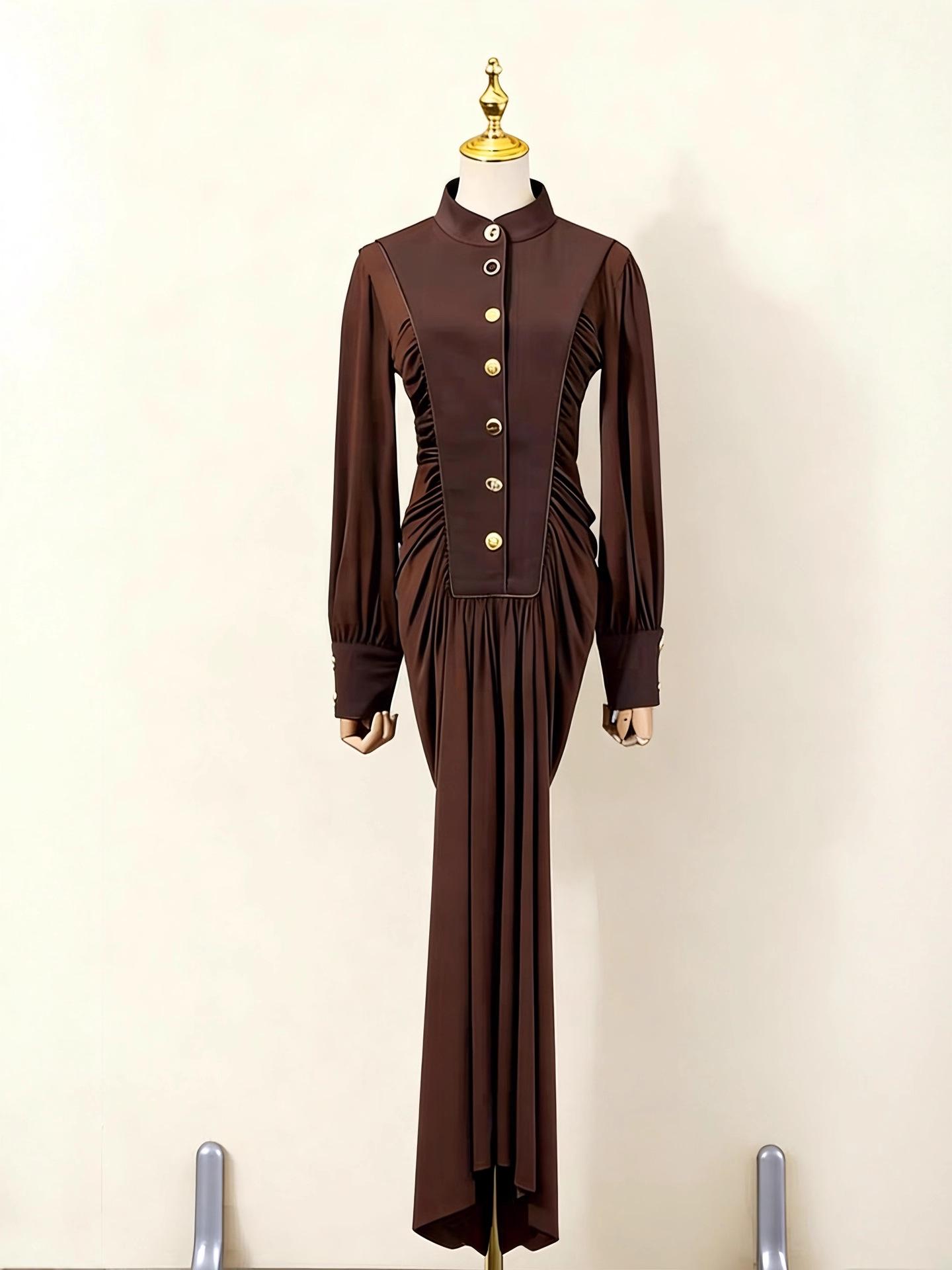 

European & American Spring/Summer Elastic Waist Slimming Drape Dress L коричневий