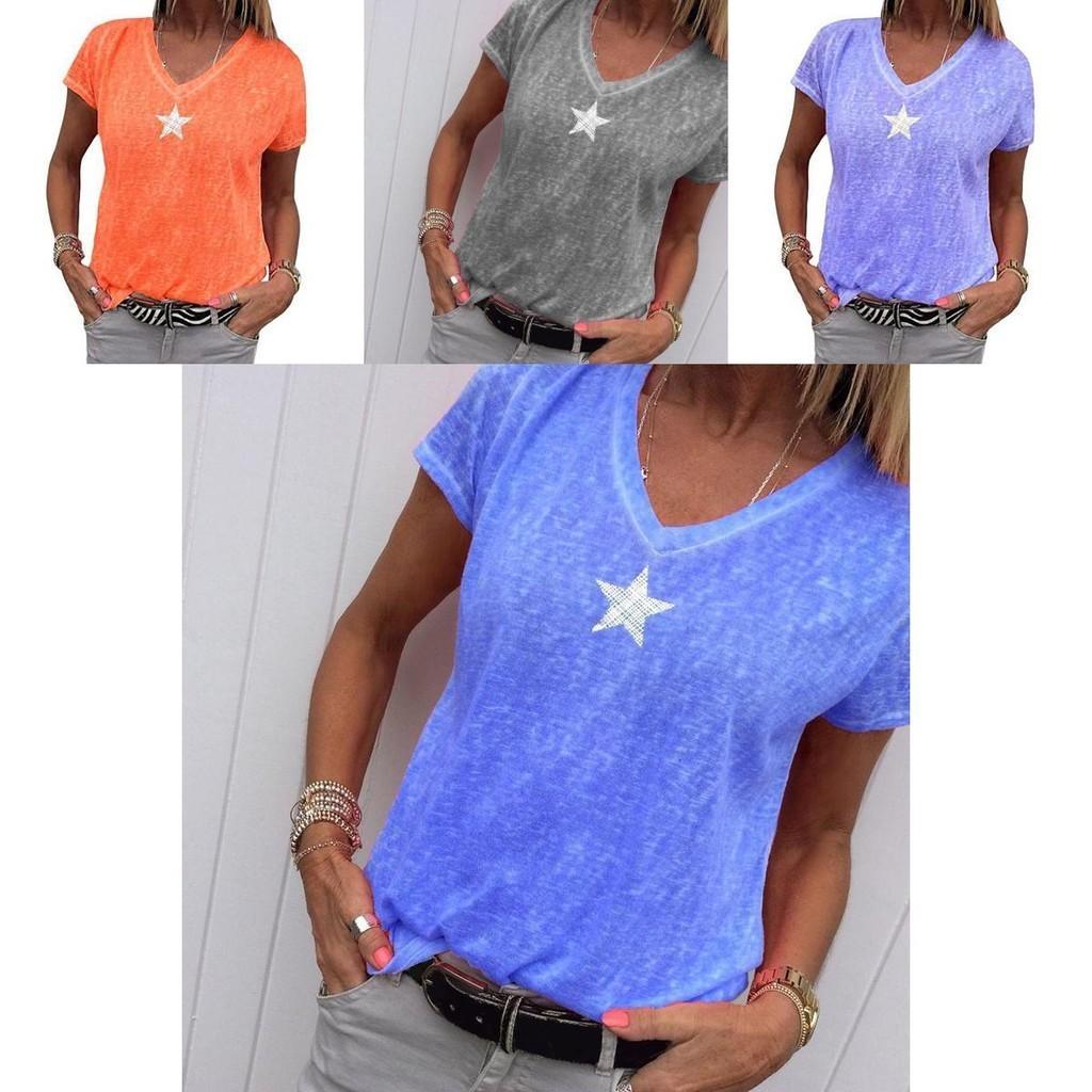 Stylish Women V-neck T-shirt Casual Loose Star Summer Shirts Solid Short Sleeve Perfect For Outdoor Activities