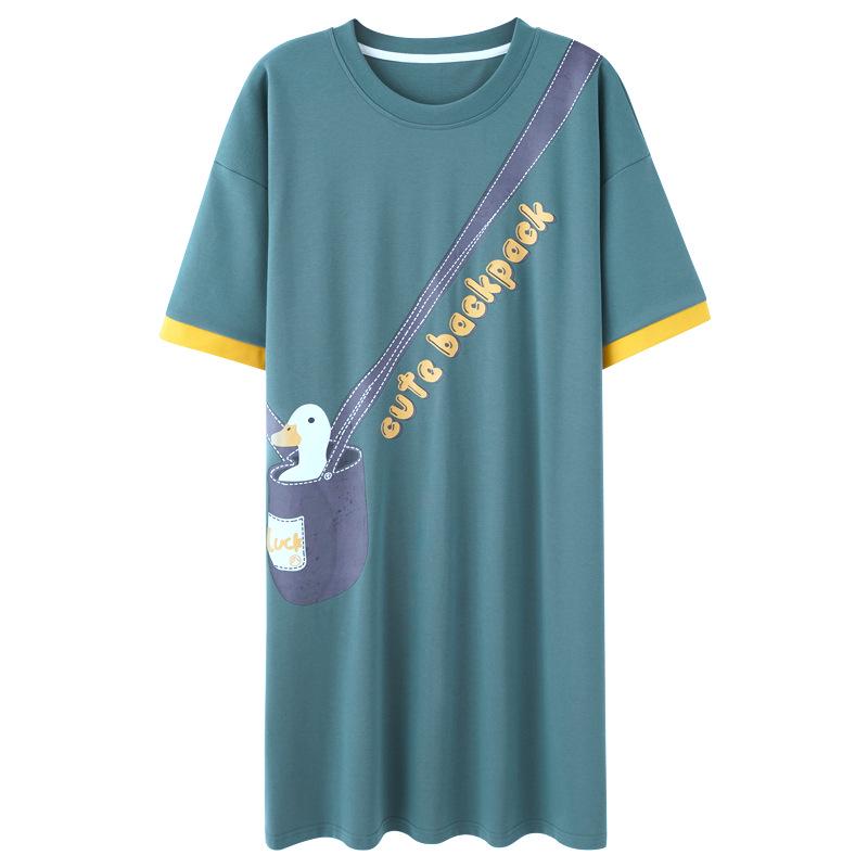 Süßes Sommernachthemd aus Baumwolle mit Cartoon-Motiv für Damen – Kurzarm, lockere Passform, koreanischer Stil, mittellanger Rock