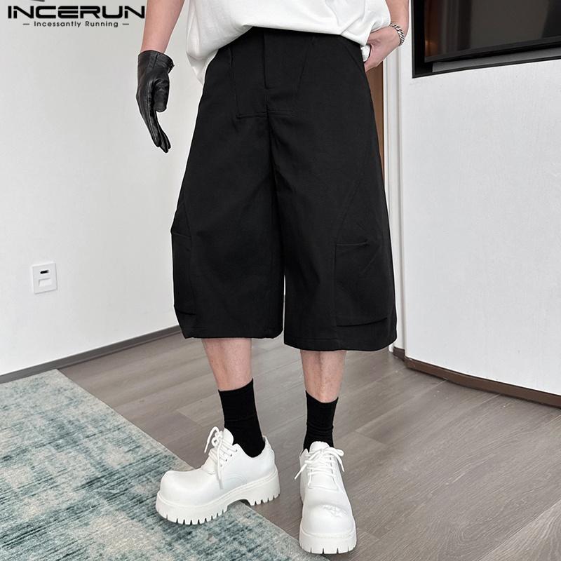 INCERUN Men Zipper Up Waist Pockets Casual Loose Cropped Pants Capri