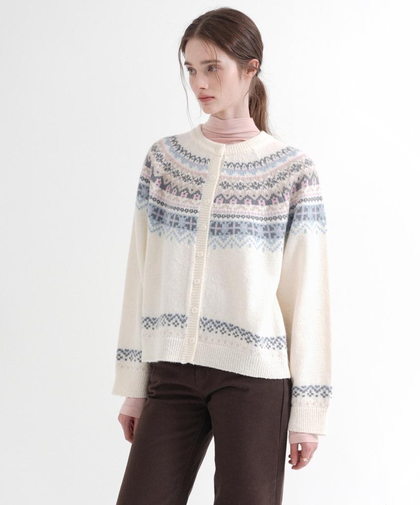 Vleti Nordic Round Neck Knit Cardigan (Cream)