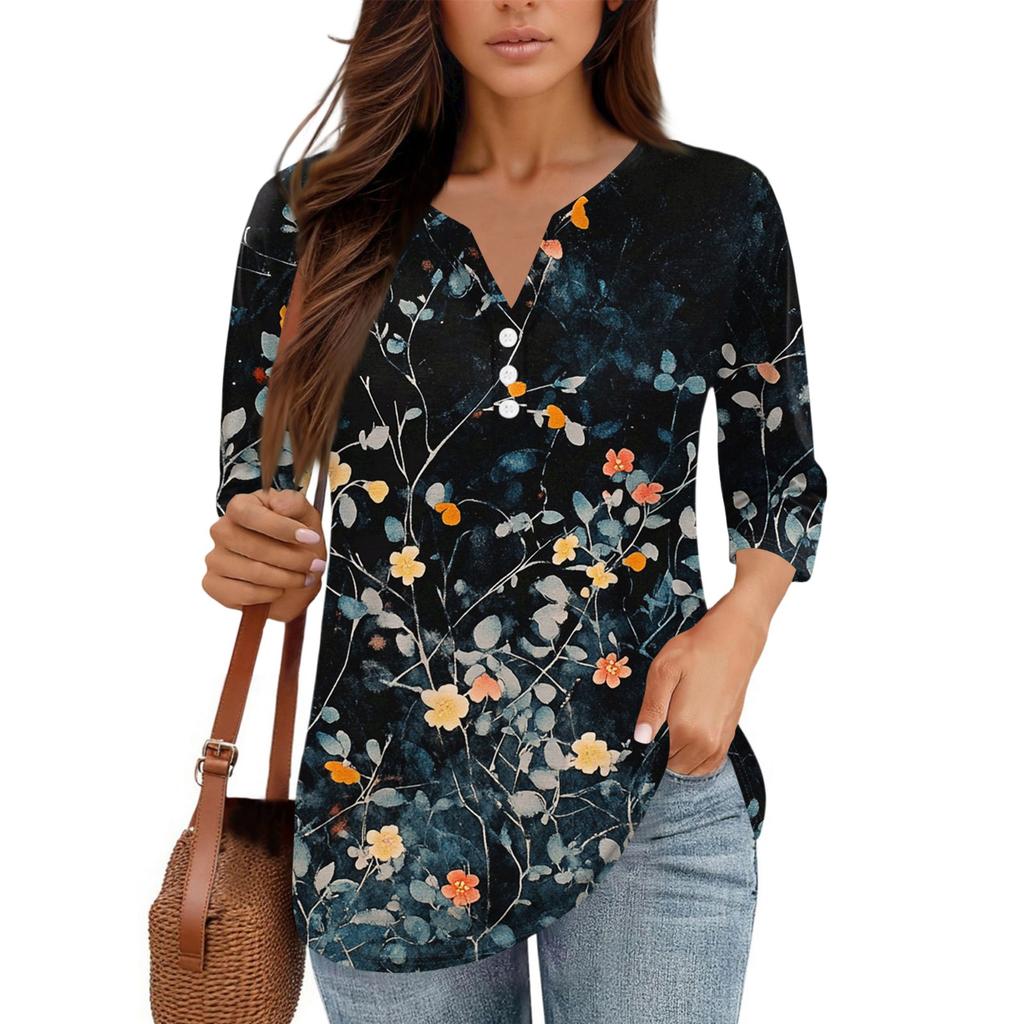 Damen V-Ausschnitt Freizeit Dreiviertelarm Knopf-Detail Top mit Blumenmuster