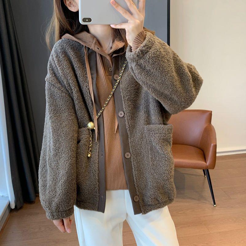 Faux Shearling Jacket Women Winter Premium Feel Polar Fleece Baseball Coat Top