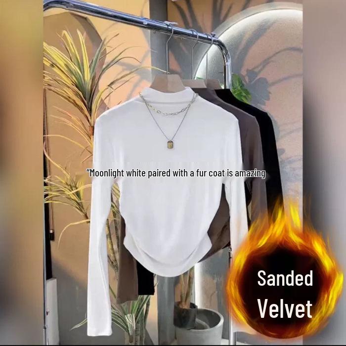 Women's Black Semi-High Neck Slim-Fit Long-Sleeve T-Shirt, Autumn/Winter with Pleated Waist