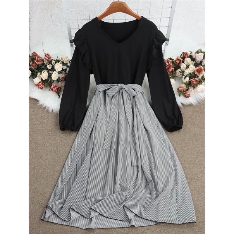

XL-4XL Women Dress Ladies Skirt Stripe round Neck Long sleeve Lace up Plus size dresses Women Black 4XL