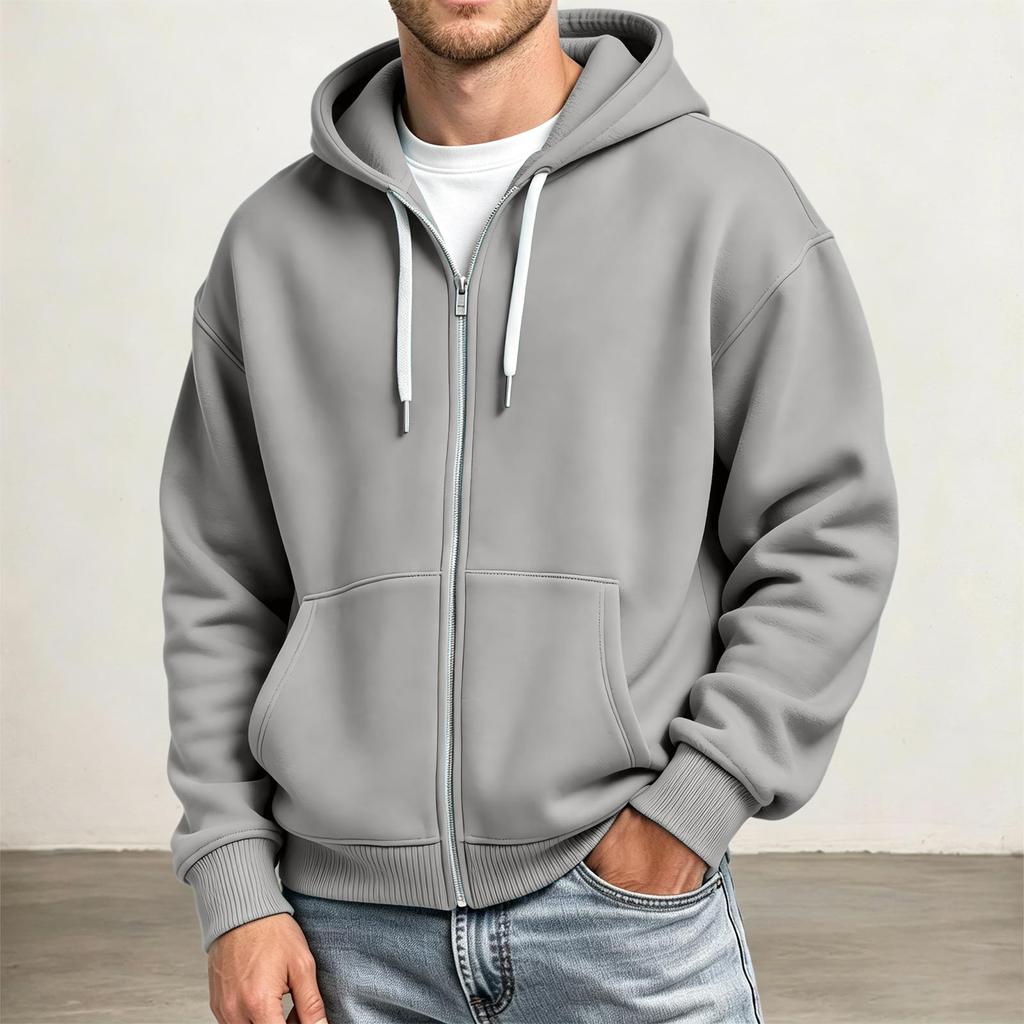 Men's Full Zip Hoodie Drop Shoulder Sleeves, Casual Long Sleeve Sweatshirt for Everyday Wear