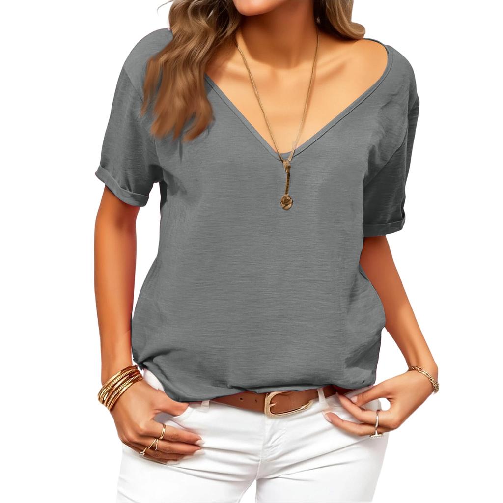 Women's Fashionable Deep V,neck Short,sleeved Color Casual Loose Top