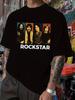Rockstar Band Graphic T-shirt - Black Casual Short Sleeve Tee with Colorful Band Member Portraits