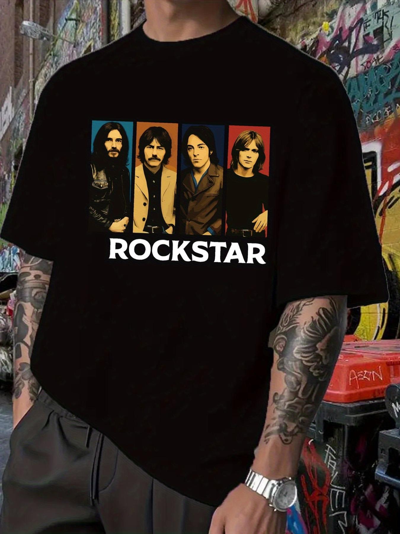 Rockstar Band Graphic T-shirt - Black Casual Short Sleeve Tee with Colorful Band Member Portraits XXL