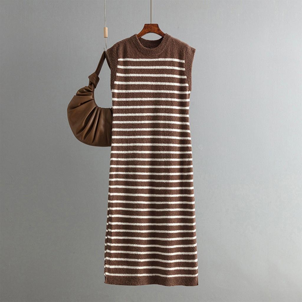 Women's Fashionable Round Neck Slim Knit Striped Vest Casual Long Dress