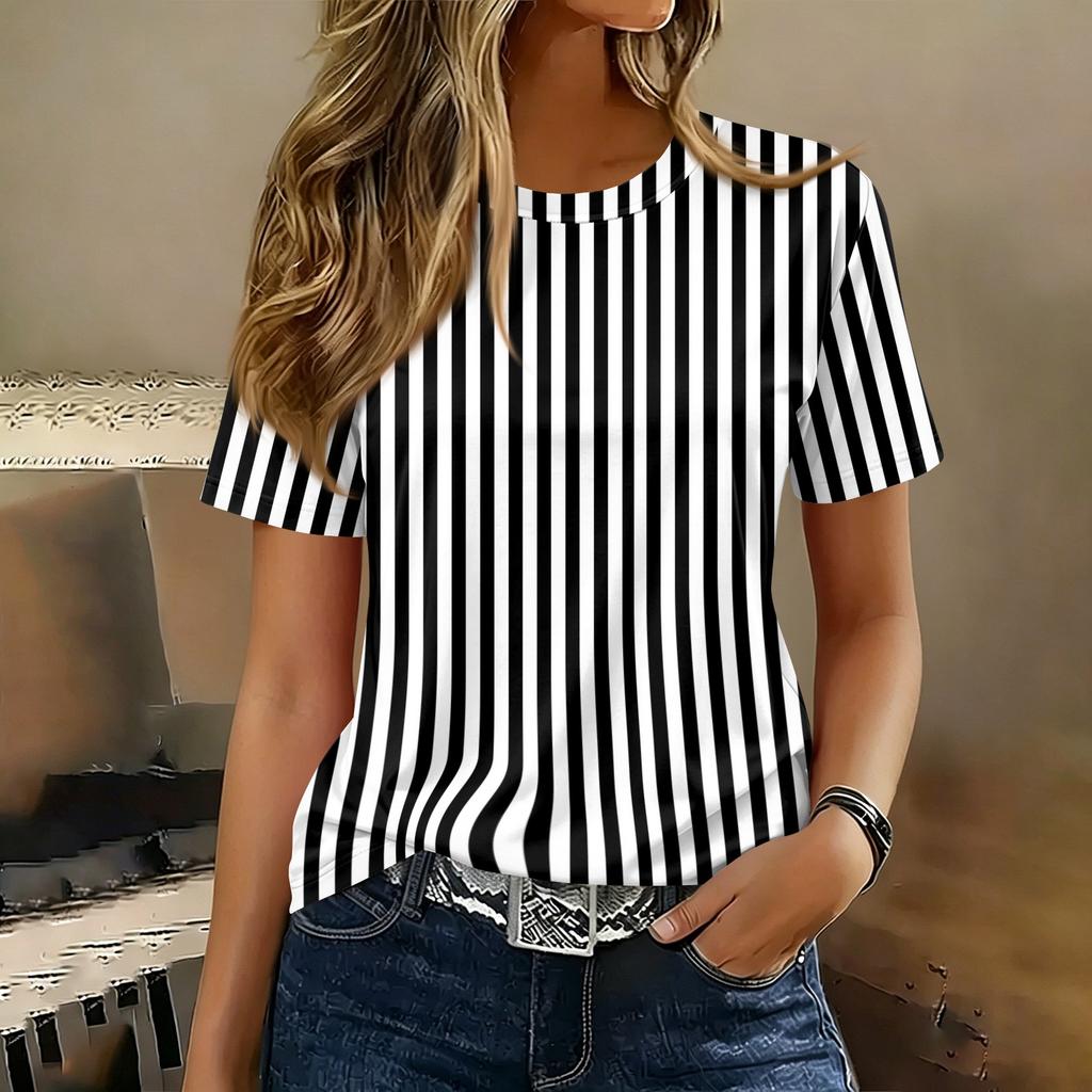 Women's Casual Crew Neck Short Sleeve Pullover T-Shirt Vertical Stripe Print Top Lightweight Soft Fabric Summer Wear