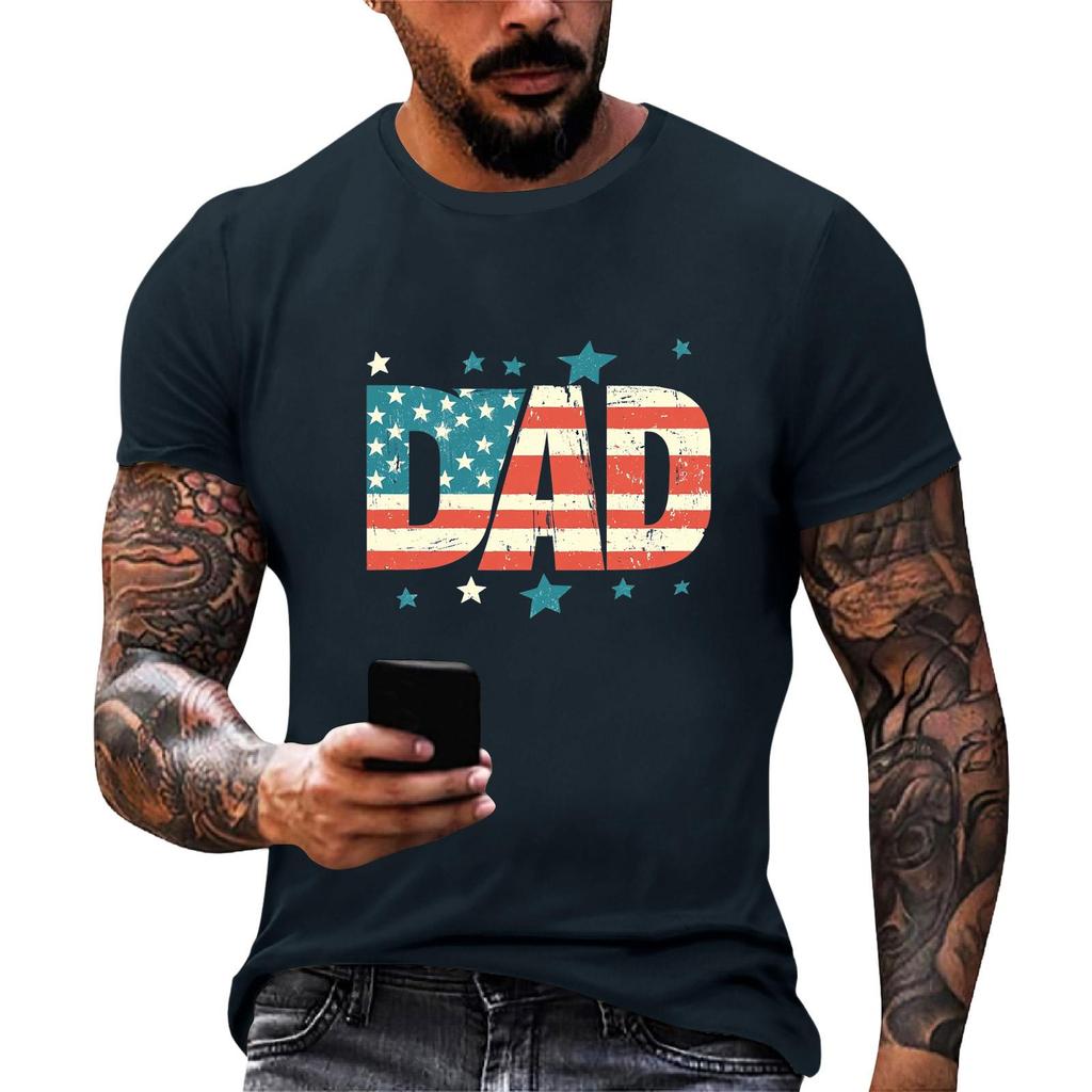 Men's Loose Fit Short Sleeve T Shirt Casual Summer Daily Wear Crew Neck Tee with Patriotic Star and Flag Print for Father's Day and Independence Day