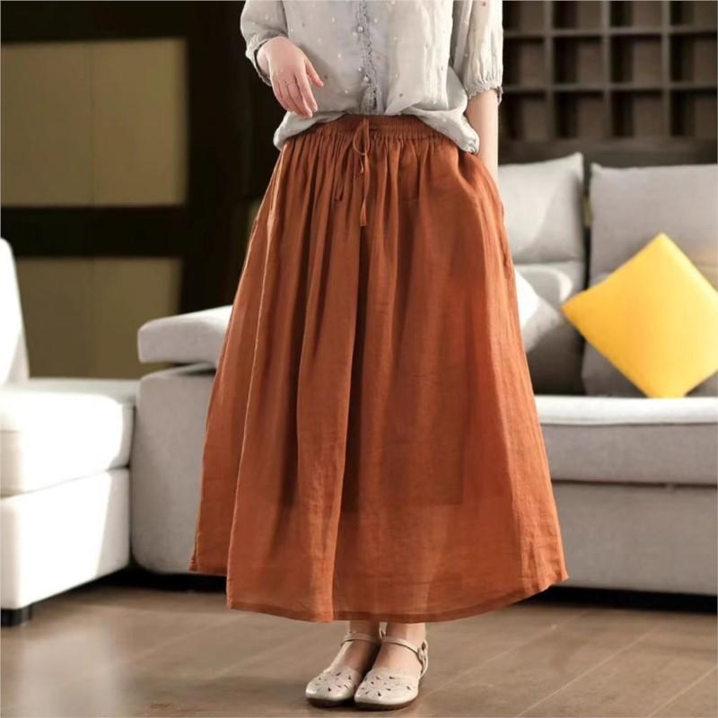 Johnature Women Vintage Patchwork Skirts Solid Color Elastic Waist Cloths Summer Loose Belt Female Skirts