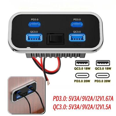 Presa USB RV 12V a 4 porte 76W Doppia Ricarica Rapida PD3.0 Tipo-C & QC3.0 Pannello Adattatore Caricabatterie da Montaggio a Parete per Marino Autobus ATV Camion