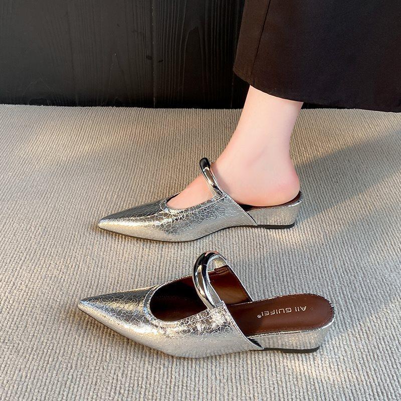 Half slippers women's summer wear soft-soled pointed Muller shoes tide 2025 French metal buckle wedge sandals heighten Baotou