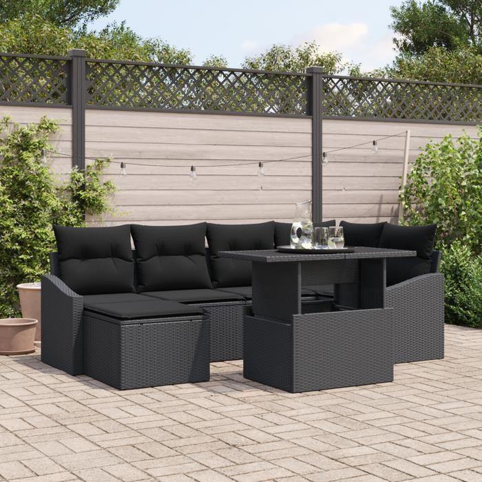 VidaXL Ensemble de Canapé de Jardin de 7 Pièces avec Coussins en Rotin Noir 3349039