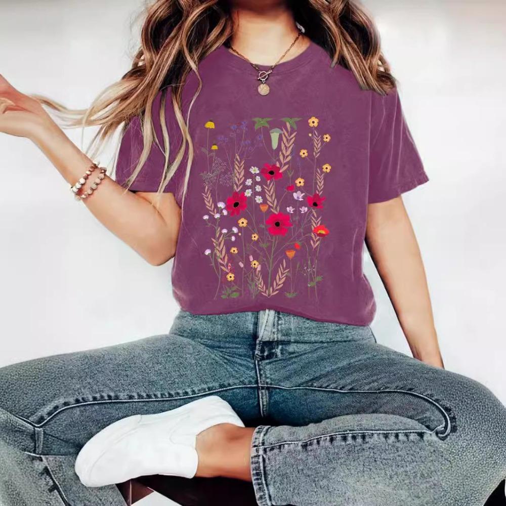 T-shirt de Verão Feminina de Manga Curta com Decote Redondo e Estampa Floral
