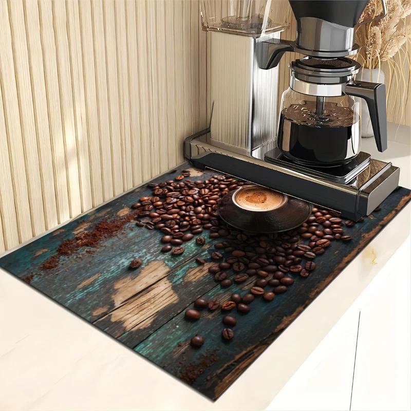 Retro Coffee Patterns Drain Mat Absorbent Rubbermat Kitchen Counter Bar Supplies Hiding Stains Protecting Cutlery Fashion Design