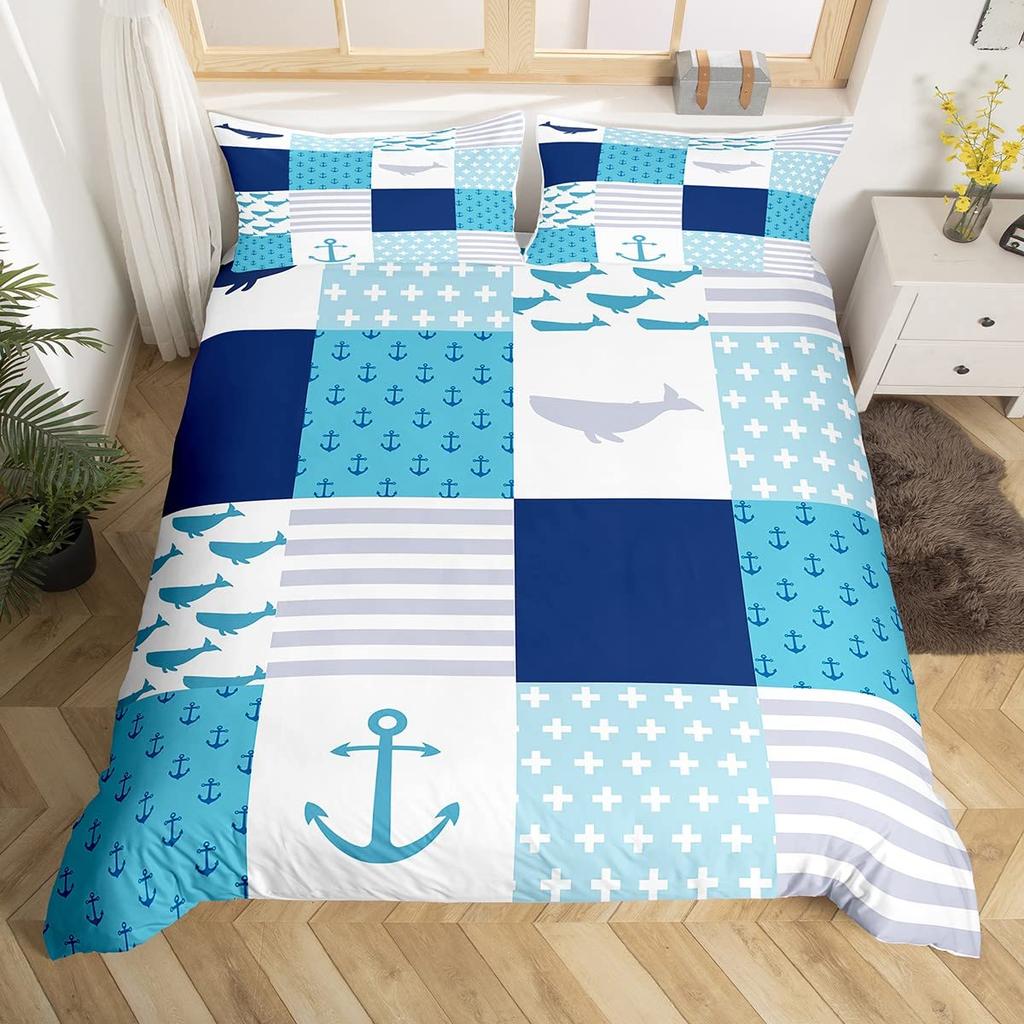 whale and Anchor duvet cover set for teens kids boys queen Lightweight Bedspread Cover bedroom Decor Navy Blue Ocean Bedding Set