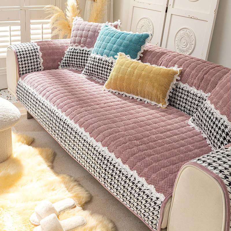 Sofa Cushion Plush Luxury Wind Four Seasons General Simple Modern Non-slip Houndstooth Mat Autumn and Winter Cushion Cover.