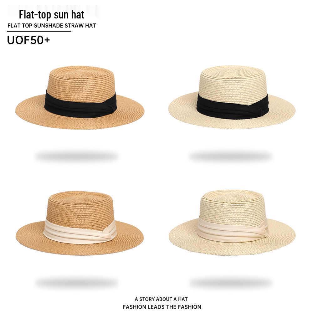 Women's French Summer Straw Hat, Large Brim, Ribbon, Flat Top, Outdoor Travel Sun Protection