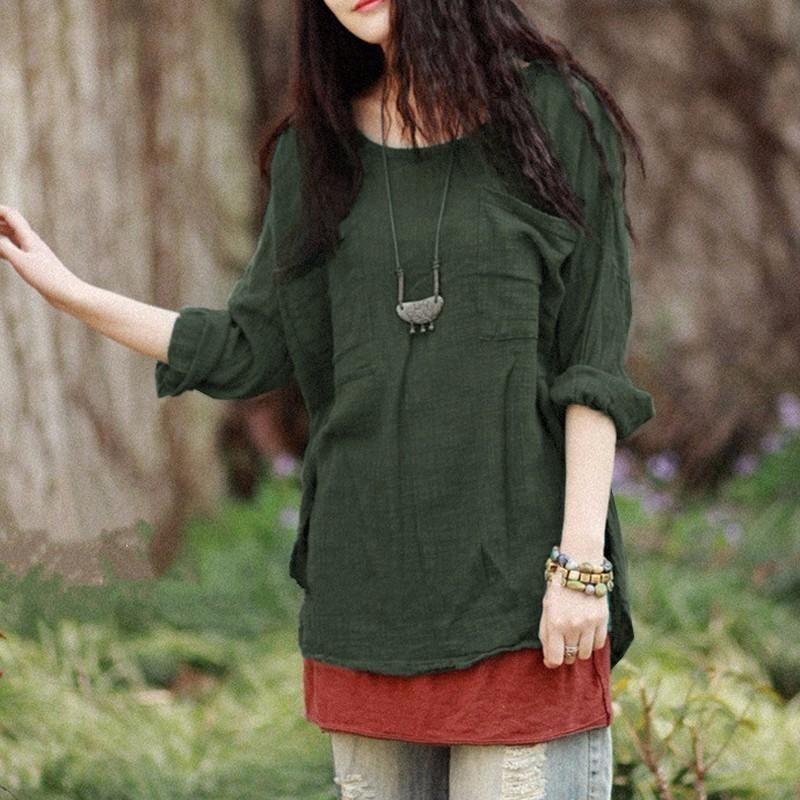 Camicetta da Donna Oversize in Cotone e Lino a Manica Lunga con Vestibilità Casual e Tasche Frontali