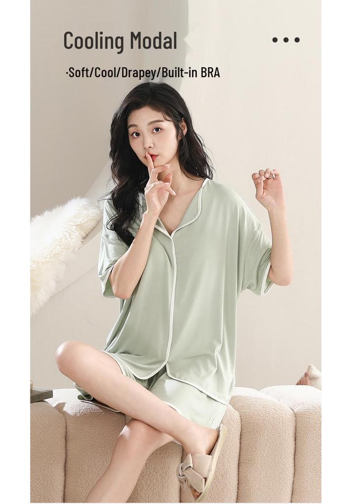Pijama de Modal Refrigerante para Mujer con Sujetador Incorporado, Manga Corta, Amigable con la Piel, Color Sólido, Adecuado para Usar al Aire Libre