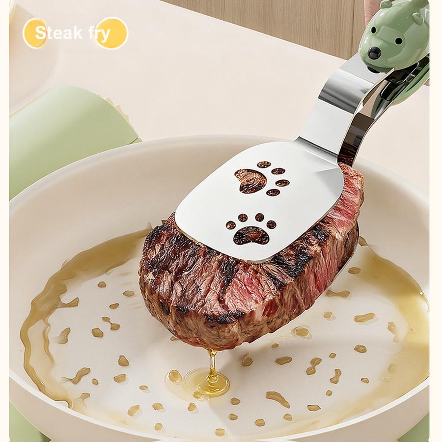 Small Bear Fried Fish Turner 2-in-1 Stainless Steel Food Clip Long Handle Anti-Slip Oil Draining Spatula Heat Resistant Clip