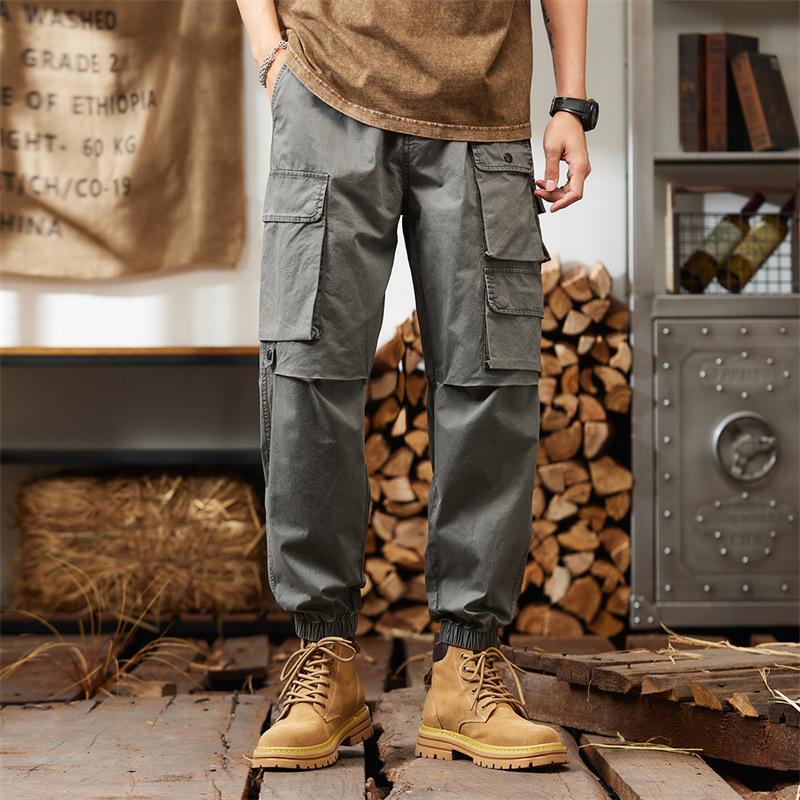 Retro Trendy Brand Spring and Autumn Thin Men's Casual Elastic Waist Tooling Trousers