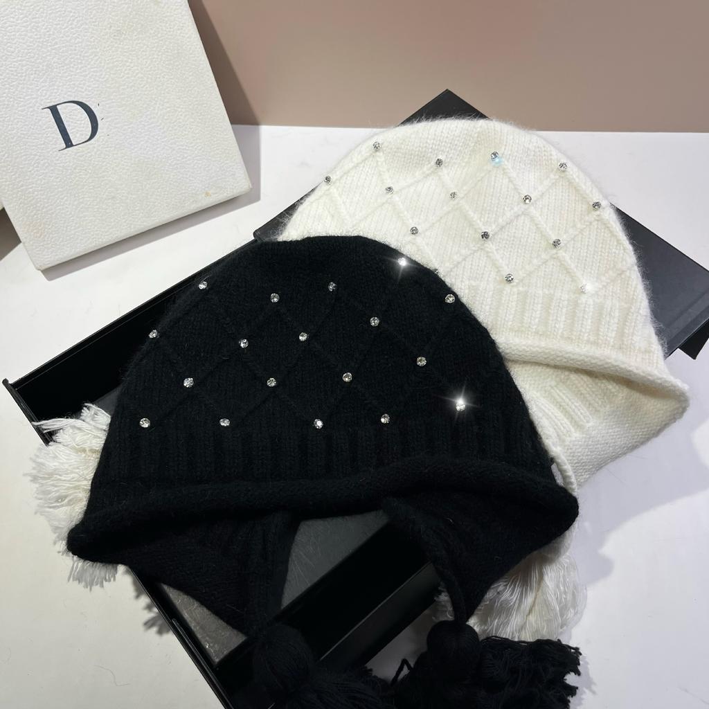 Xiaoxiangfeng Rhombus Rabbit Velvet Knitted Hat Angora Rabbit Hair Warm Soft Waxy Ear Protection Hat Rhinestone Fringed Baotou Hat Winter
