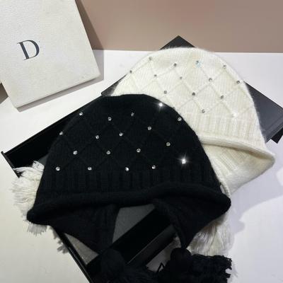 Xiaoxiangfeng Rhombus Rabbit Velvet Knitted Hat Angora Rabbit Hair Warm Soft Waxy Ear Protection Hat Rhinestone Fringed Baotou Hat Winter