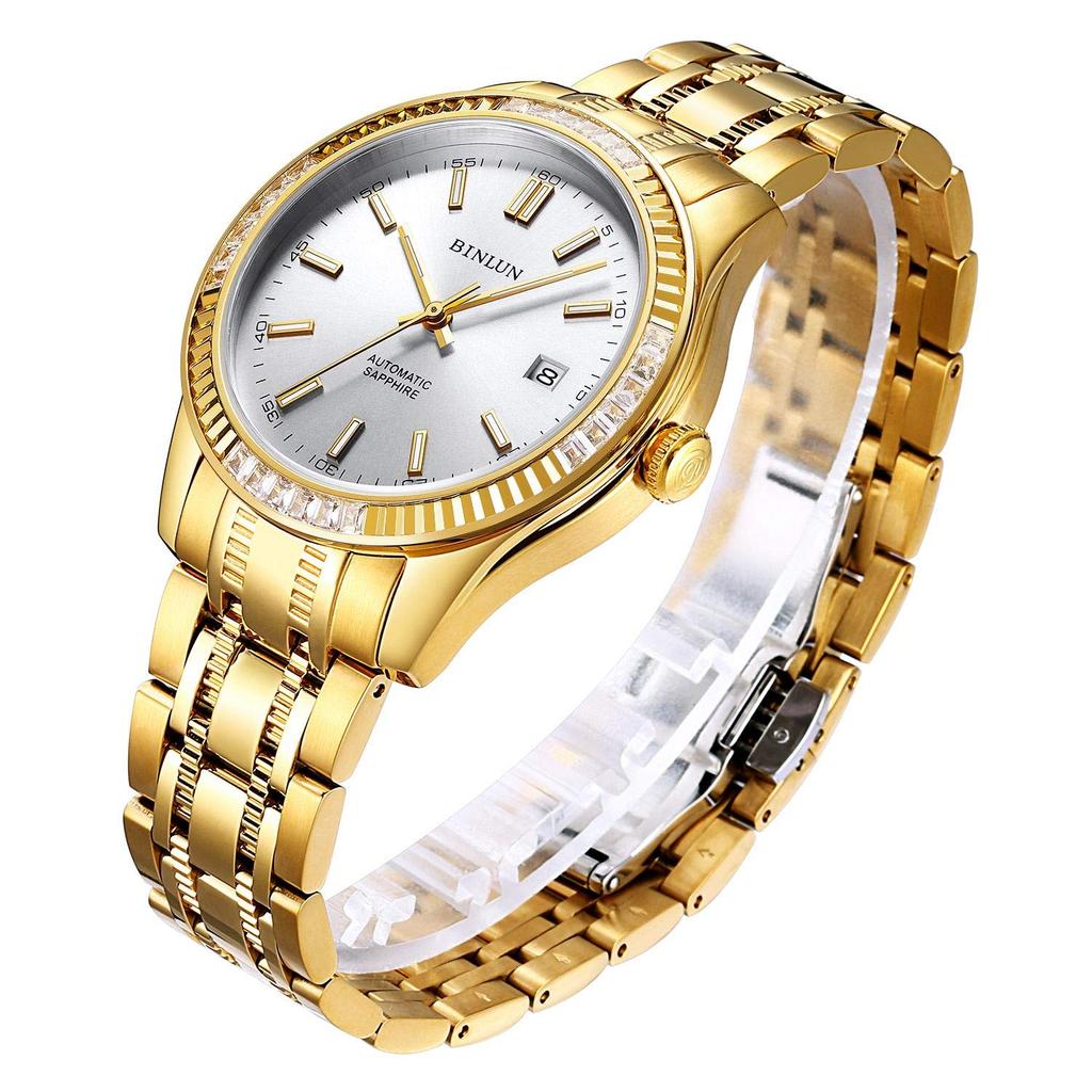 BINLUN Men's Gold Mechanical Automatic Watch with Water Resistance, Stylish Casual Business Watch with Stainless Steel Finish, Date Display, Perfect