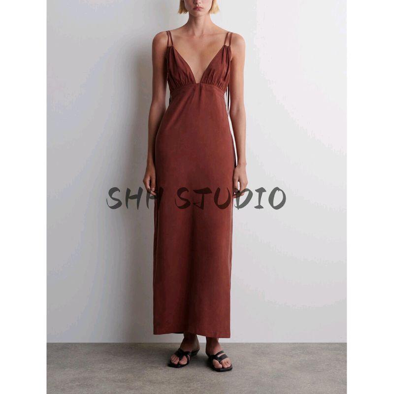 Summer New Product Women's Clothes French Fiber Blended Standard Edition Pleated V-neck Long Dress 1283852