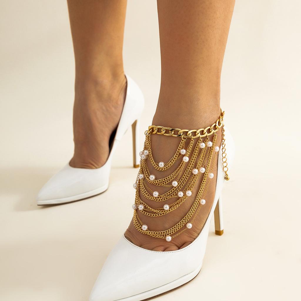 Temperament Multi-Layer Fringed Hip-Hop Anklet Women, Exaggerated Imitation Pearl Geometric Chain Shoe Chain