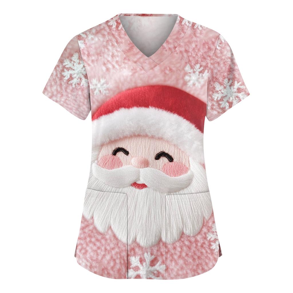 Women's Fashionable V-neck Workwear Christmas Printed Short Sleeved Pocket Side Slit Workwear Basic Pullover Top