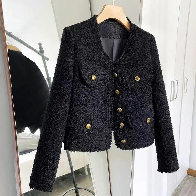 

Spring Autumn Blacktweed Style Cropped Jacket Thin Elegant Socialite Long Sleeve Topins Thin Regular Crew Neck Jacket XS чёрный