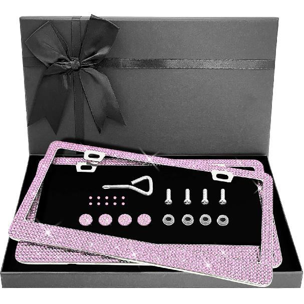 Bling Rhinestone License Plate Frame for Women 2PC, Sparkly Stainless Steel Frames & Over 1200 pcs Finest 14 Facets Black Glass Crystals Premium