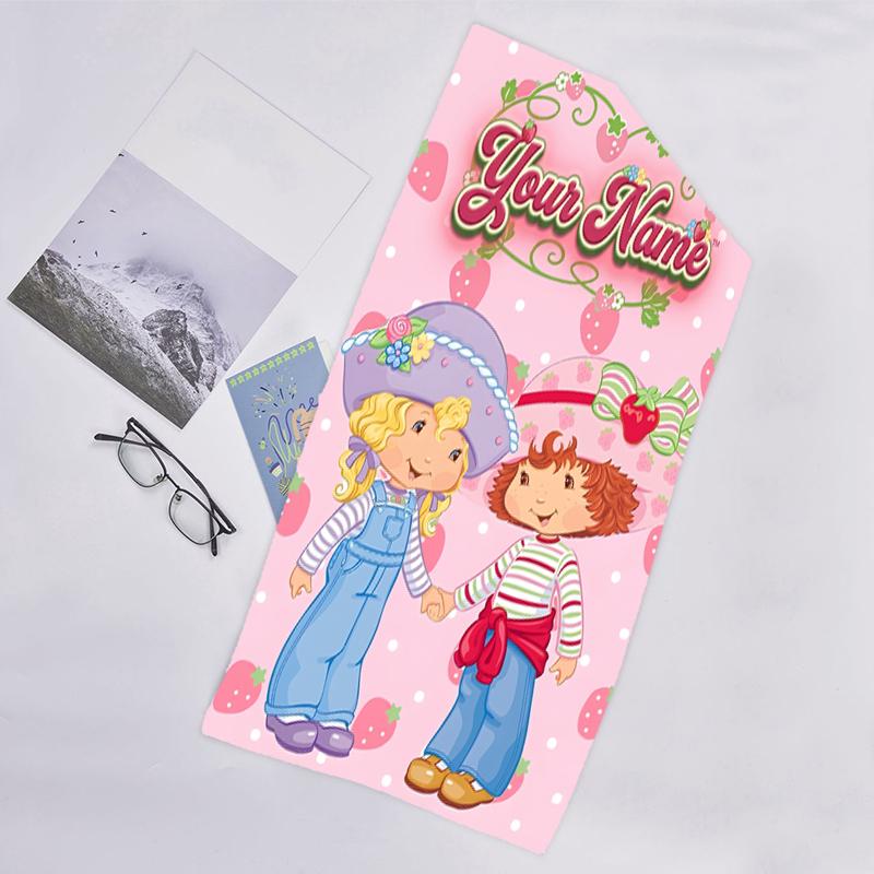 1pc Princess Strawberry Beach Towel with Custom Name, Beach and Seaside Swimming Pool Equipment, Fashion Pattern, Rectangular, Travel Essential