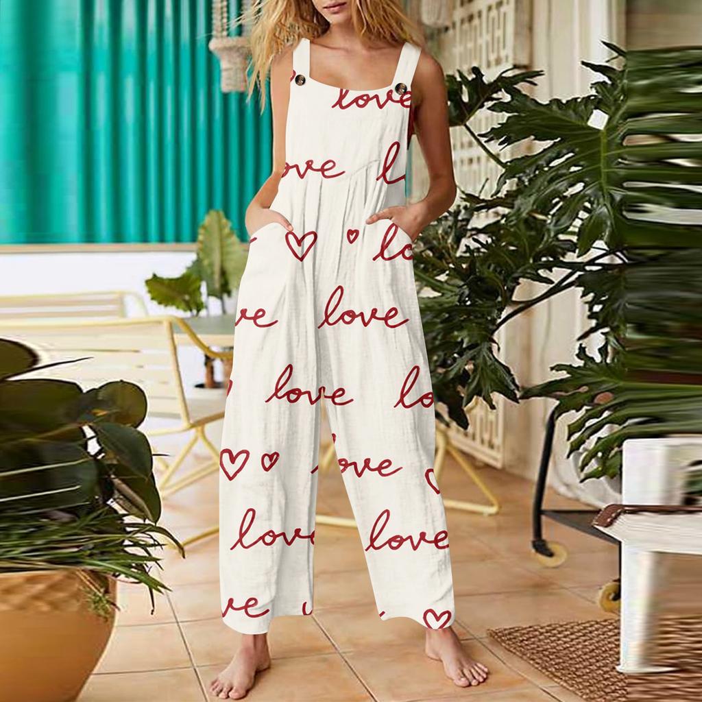 Women's heart,shaped printed casual loose retro overalls cotton and linen one,piece pants