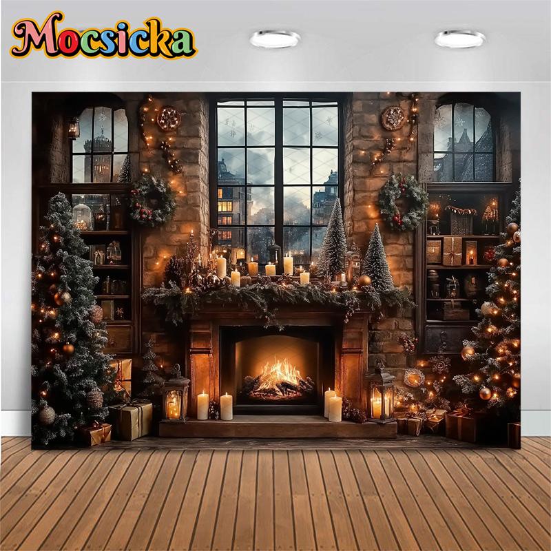 Mocsicka New Year Party Backdrop Christmas Tree Cottage City Window Fireplace Decorations Family Festival Photography Background