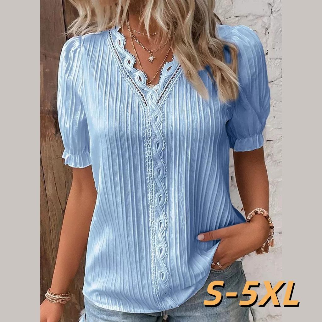 Summer Vacation Fashion Hollow V-neck Lace Short-sleeved Women's Shirt