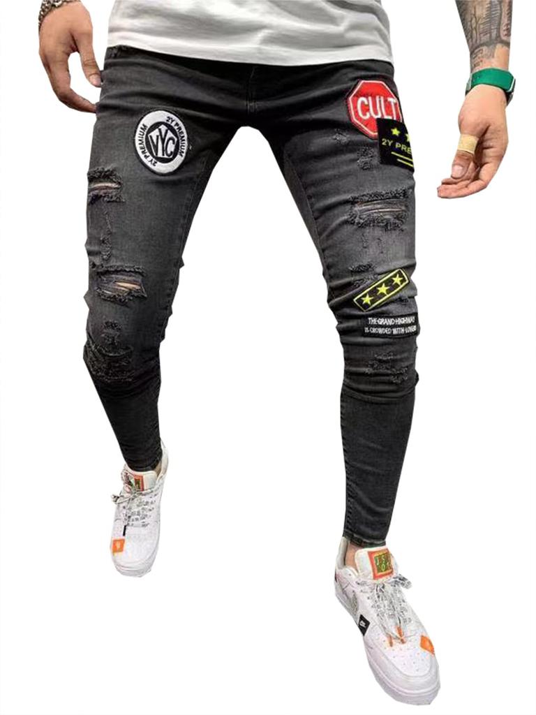 Petit De Distressed Denim Skinny Jeans with Patches Français Men's (XXXL, Black)