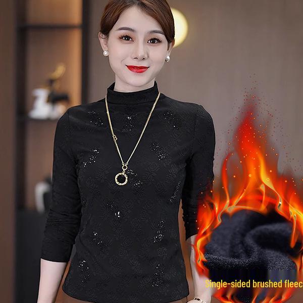 2024 Herbst/Winter Damenbluse mit halbhohem Kragen aus gestricktem, angerautem Stoff und Strassverzierungen