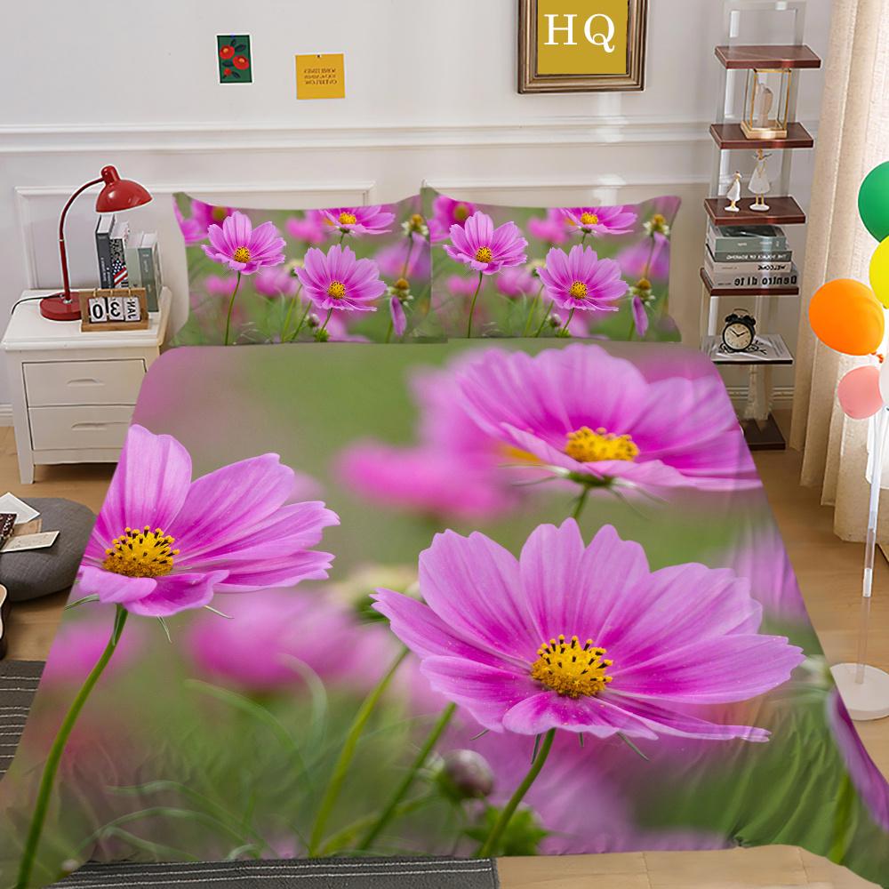3D Flowers Printing Home Bedclothes Polyester King Size Bed Set Cover Woman High Quality Bedroom Decor